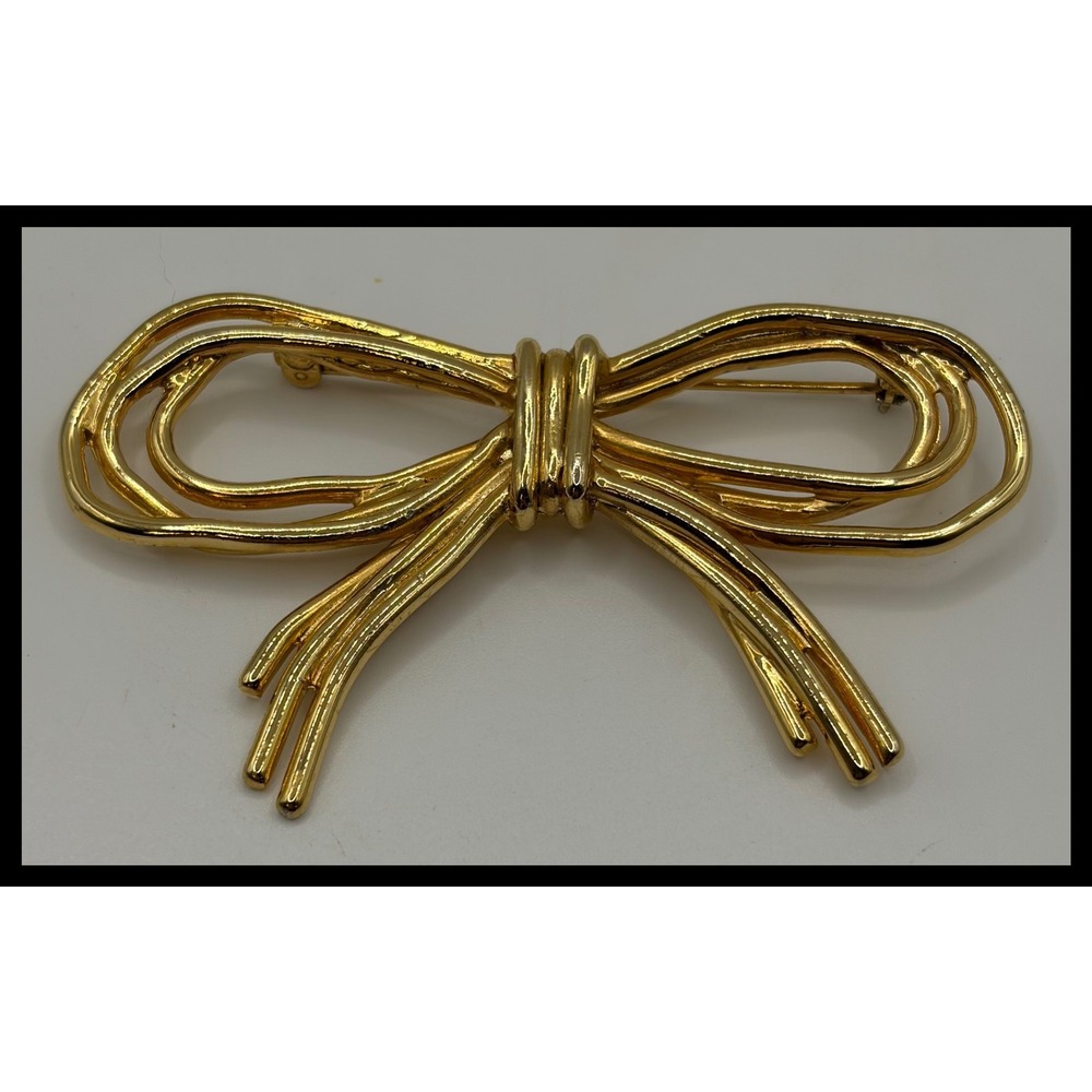 Bow Brooch Gold Tone Wire Multi Strand Ribbon Pin Accessory